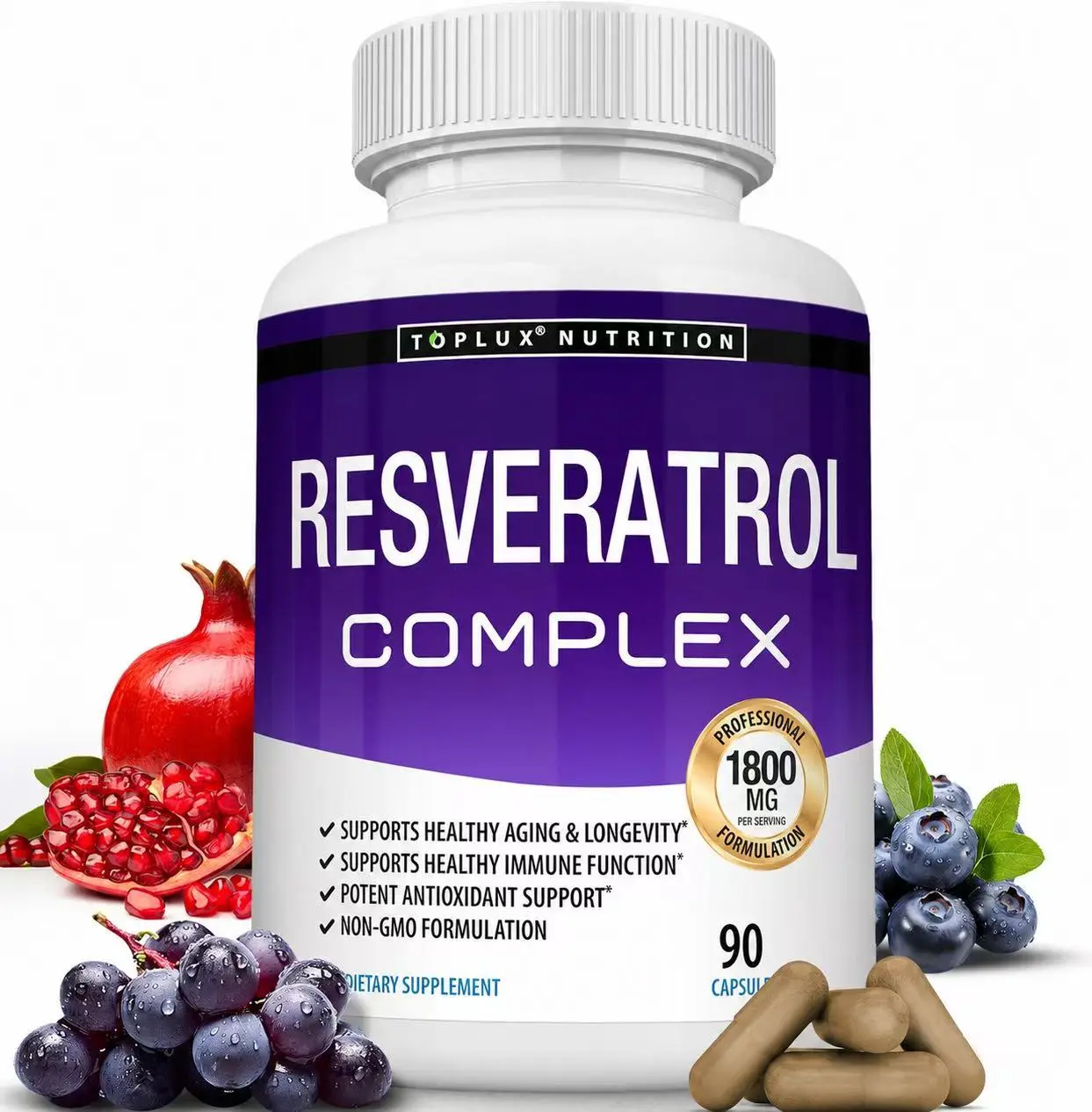 Toplux Resveratrol Complex 1800mg Antioxidant Supplement, Trans Resveratrol Blend, 90 Non-GMO Capsules Vitamin Natural Fitness Dietary Edible