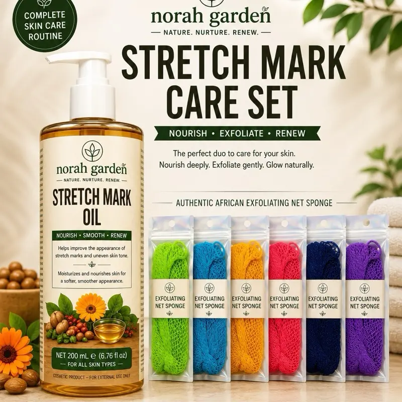 Stretch Mark care set | Body Oil with Gotu Kola, Rosehip, shea butter & Vitamin E | Moisturizes Dry Skin | 200 mL Norah garden exfolianting African net sponge
