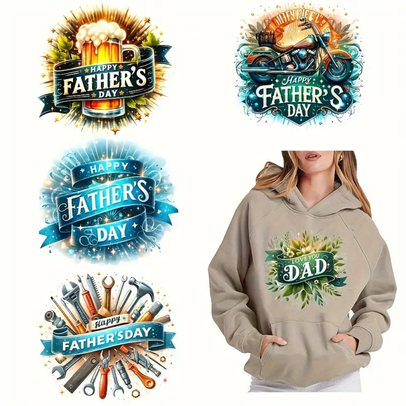 6 Pack Father's Day Heat Transfer Vinyl Stickers DIY Decals with Beer Mug Motorcycle Tools Floral Patterns Washable for T Shirts Jeans Masks Backpacks Accessories
