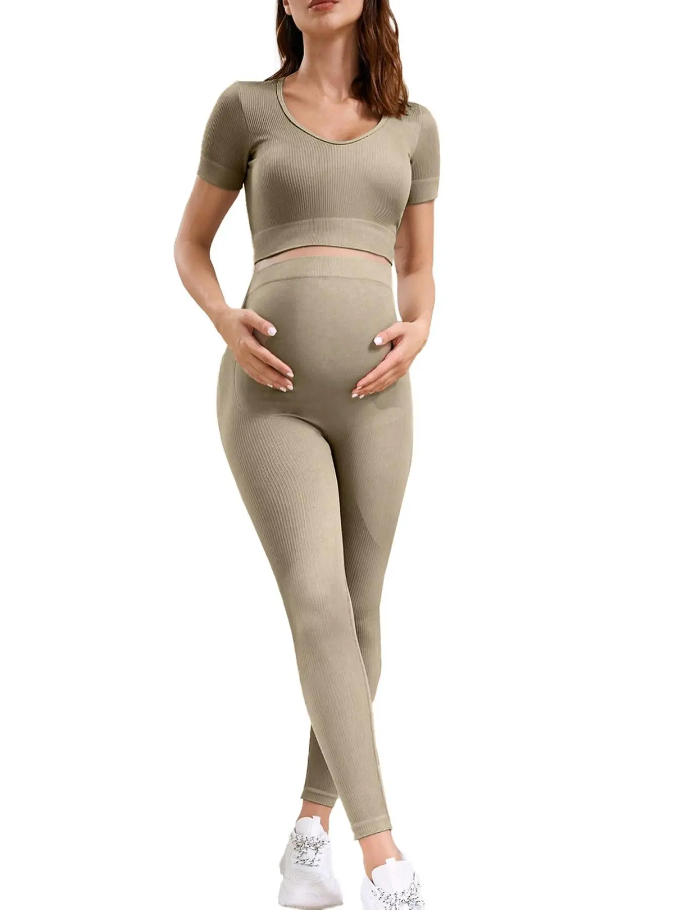 Maternity Solid Color V Neck Crop Top & Leggings Two-Piece Set, Casual Comfy Breathable Maternity for Summer, Pregnant Women's Clothing for Indoor Wear, Prenatal Maternity Clothing, Pregnancy Clothes, Maternity Outfits