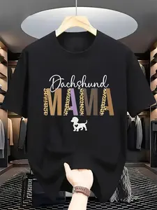 Women's Black Dachshund Mama Graphic T-Shirt - Retro High Street Style Pure Cotton Crew Neck Tee with Golden Glitter & Floral Accents, Casual Short Sleeve Top for Dog Lovers, Machine Washable Gift