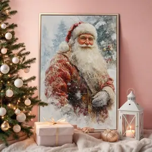 Festive Santa Claus Portrait Wall Art Poster, Winter Holiday Painting Print Xmas Wall Decor Father Christmas Poster