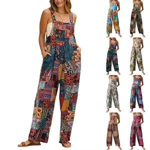 Women's Patchwork Jumpsuit Loose Floral Print Bohemian Overalls Wide Leg Bib Overall Casual Womenswear Baggy Rompers with Pockets,summervibes