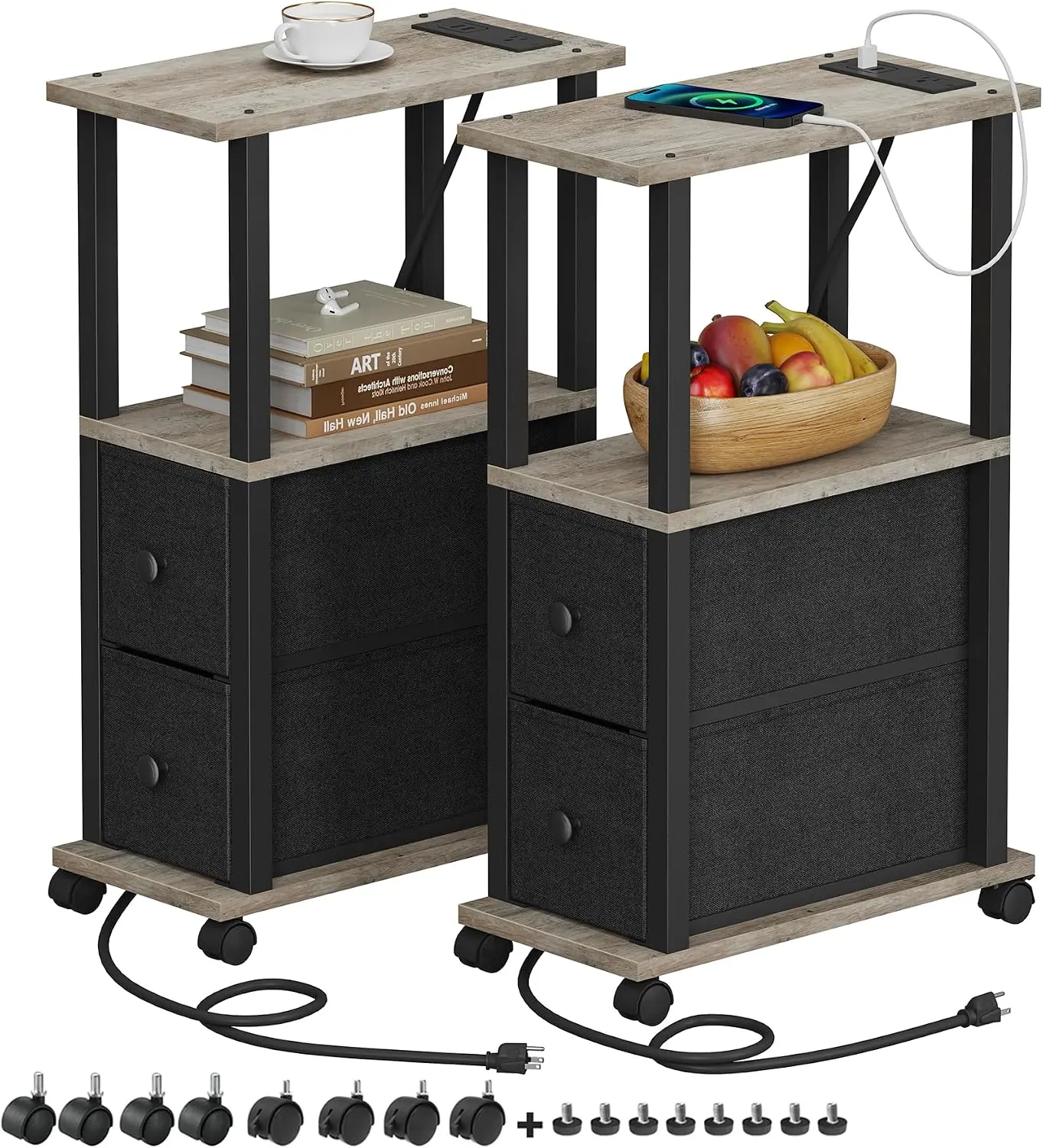 TUTOTAK 2-Piece Industrial Slim Rectangular Small Narrow End Tables - Nightstand, Storage and Charging Port Bedroom Furniture, Table with Outlets Bedroom Furniture, 2 Fabric Drawers, USB Ports, Adjustable Legs, Wheels for Small Spaces TB01BG053