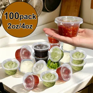 100-piece set 【100 lids + 100 containers】, 2-ounce/4-ounce small plastic snap-top containers, stackable disposable sauce cups, salad dressing serving cups, suitable for dipping sauces, party cups, kitchen storage and takeout.