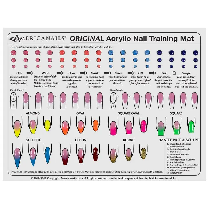 Americanails Original Acrylic Nail Art Training Mat - 15.75in x 11.75in Large Size Acetone-Resistant Silicone Mat with Training Zones, Wipe Clean Beads, Nail Tech Supplies, Diy Nails At Home