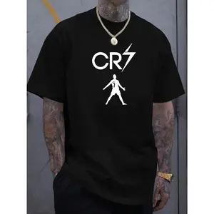 Men'S Casual Fashion Short Sleeve T-Shirt with CR7 Print, Polyester, Lightweight, Regular Fit Crew Neck, Comfortable Elastic Summer Tee, Casual Daily Style, Ideal Gif