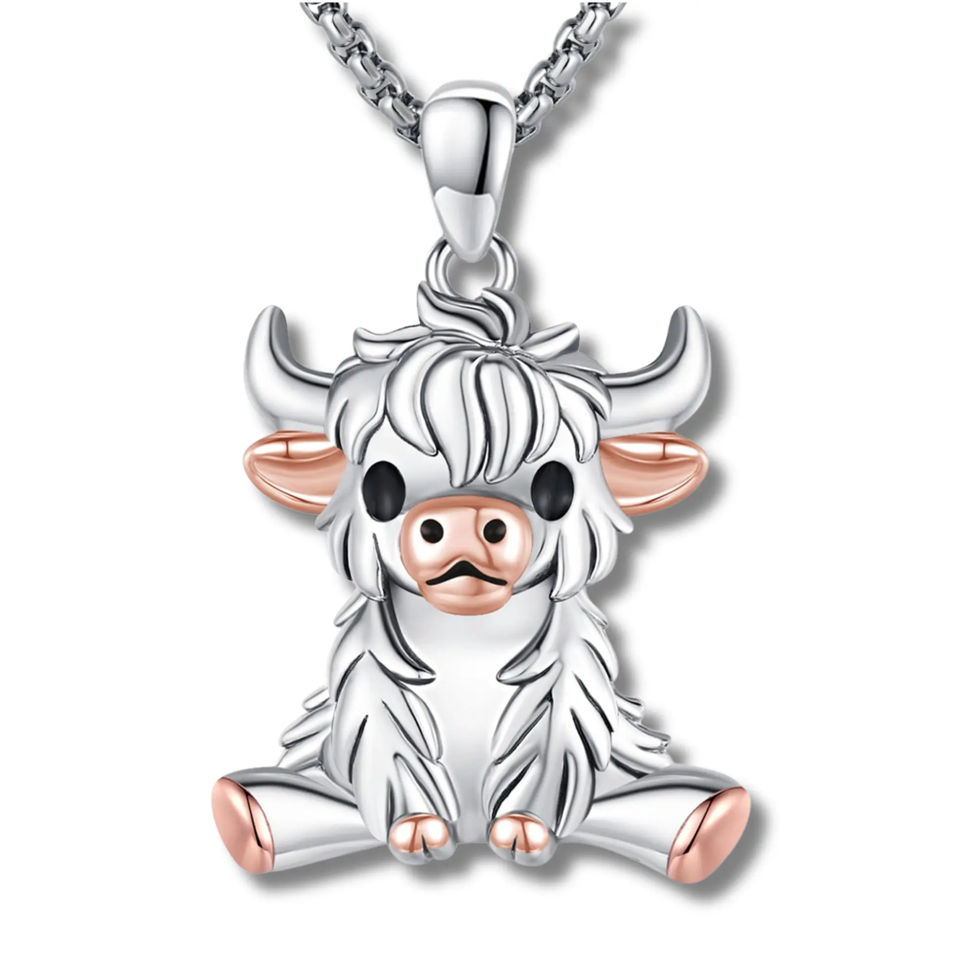 DRINSPER 925 Real Silver Highland Cow Animal Necklace for Adults, Hypoallergenic Nickel-Free Non Tarnish Pendant with 22-24in Box Chain, Unisex Casual Daily Wear Jewelry, 925 Stamped, Includes Clean Cloth, 12-Month Warranty