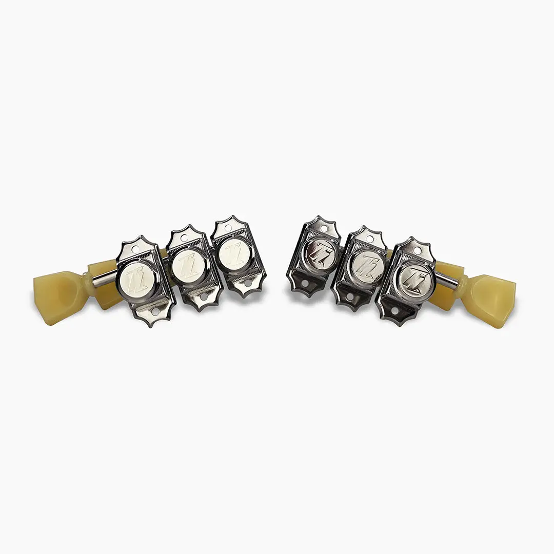 Allparts Top Lock Vintage Locking 3x3 Locking Tuning Keys with Press-Fit Bushings and Aged Cream Plastic Keystone Buttons - (set of 6)