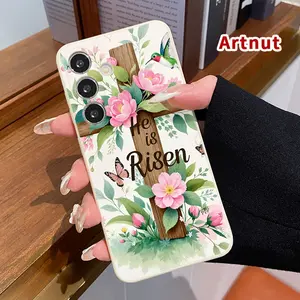 Phone Case Compatible with Samsung Galaxy S24 Plus S25 S23 S22 Ultra S22+ Floral Resurrection Cross Liquid Silicone TPU Lens Protection Soft Cover for Girl