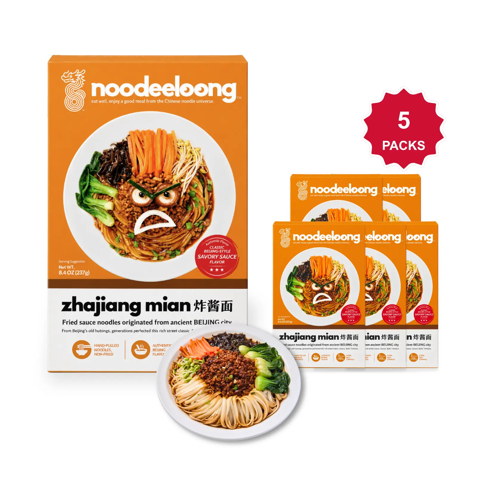 noodeeloong Savory Beijing Black Bean Noodles, Gourmet Asian Meal Kit, Real Whole Veggies & Thick Rich Sauce, 21g Protein, Plant-Based Vegan, Ready in 9 Mins, 8.4 oz (Pack of 5)