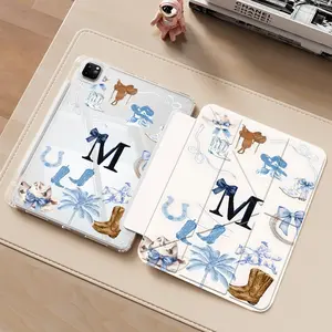 Western Cowboy Monogram M iPad Case with Transparent Acrylic Y-Fold Stand, All-Round Shockproof & Scratch-Resistant Protective Cover, Compatible with iPad 7.9/8.3/10.2/10.5/10.9/11/12.9/13 inch, Ideal Gift for Cowgirl Aesthetic Fans, Girls & Teens