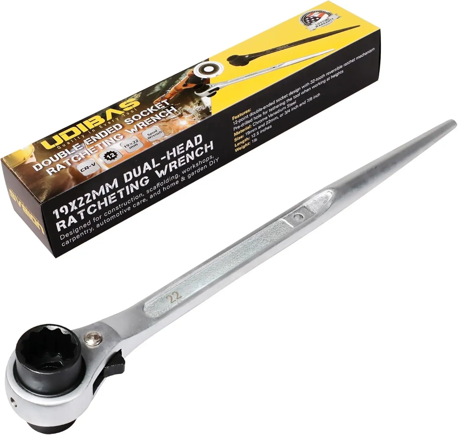 19mm22mm (or 3/4" x 7/8") Professional Grade 12 Point Double Ended Socket Ratcheting Podger Scaffold Spud Wrench,
