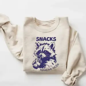 Women's Long-Sleeve Ribbed Printed Sweatshirt - Made in USA, Polyester Yarn Fabric, Smooth, Funny "Snacks Make Me Nicer" Quote, Cute Raccoon Animal Humor, Everyday Casual Tops, Gift for Snack Lovers