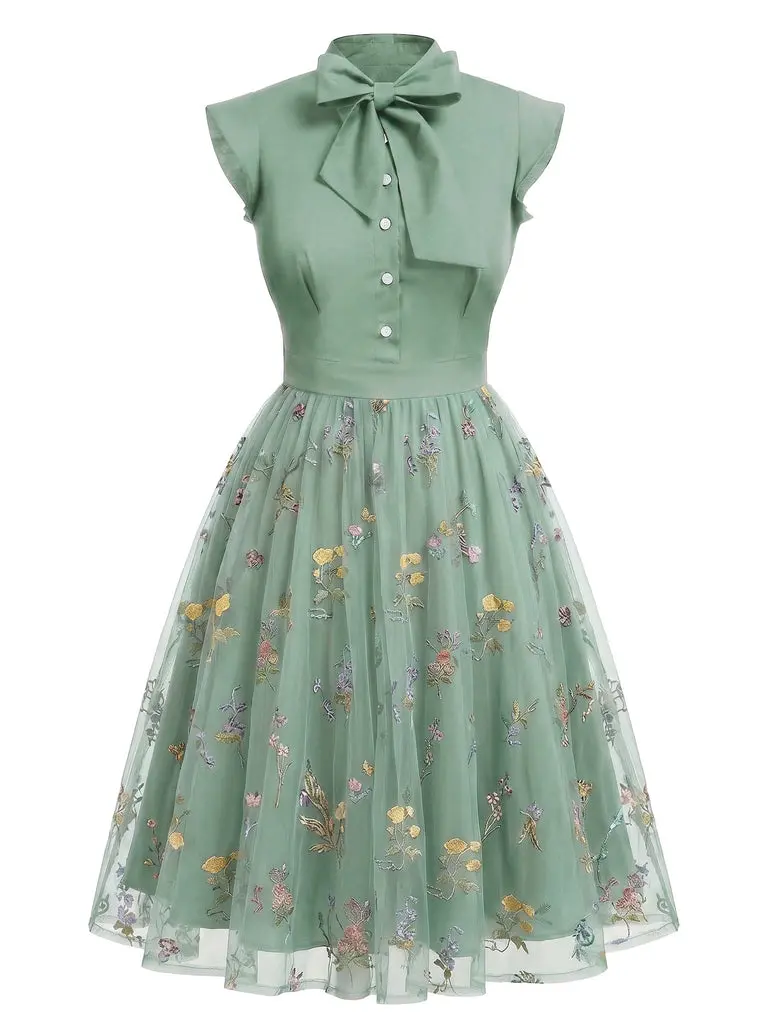 Women's Green 1950s Vintage Casual Sleeveless Floral Patchwork Print Sundress Front Buttons, No Drawers Sundress for Casual Wearsummer outfits Wedding Guest Dress Fall Wedding BackToSchool Sohochic Fall Dresses Fall outfits Fall fashion