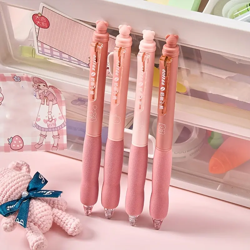 4Pcs cute bear eraser pen, retractable eraser pen, 0.5mm black and blue ink eraser pen, quick-drying eraser pen, student school office stationery, Writing Tools, Retractable Pens