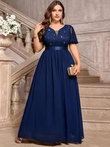 【Plus Size】Missmay P54385A Women's Plus Size V Neck Butterfly Sleeve Sequin Lace Chiffon Hem Formal Wedding Guest Maxi Dress SpringStatements
