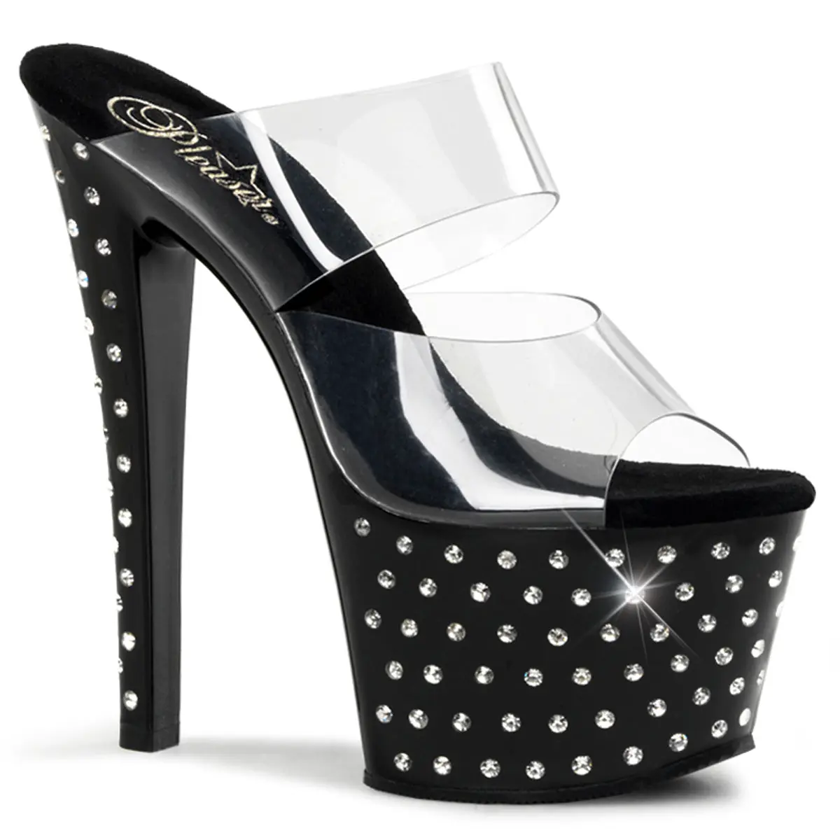 Women's Pleaser Stardust-702 Classy Rhinestone Slip-On High Heel Sandals - 7 in Stiletto Heels, 2.75 in Clear-Black Platform, Clubwear Fashion Shoes, High Heels