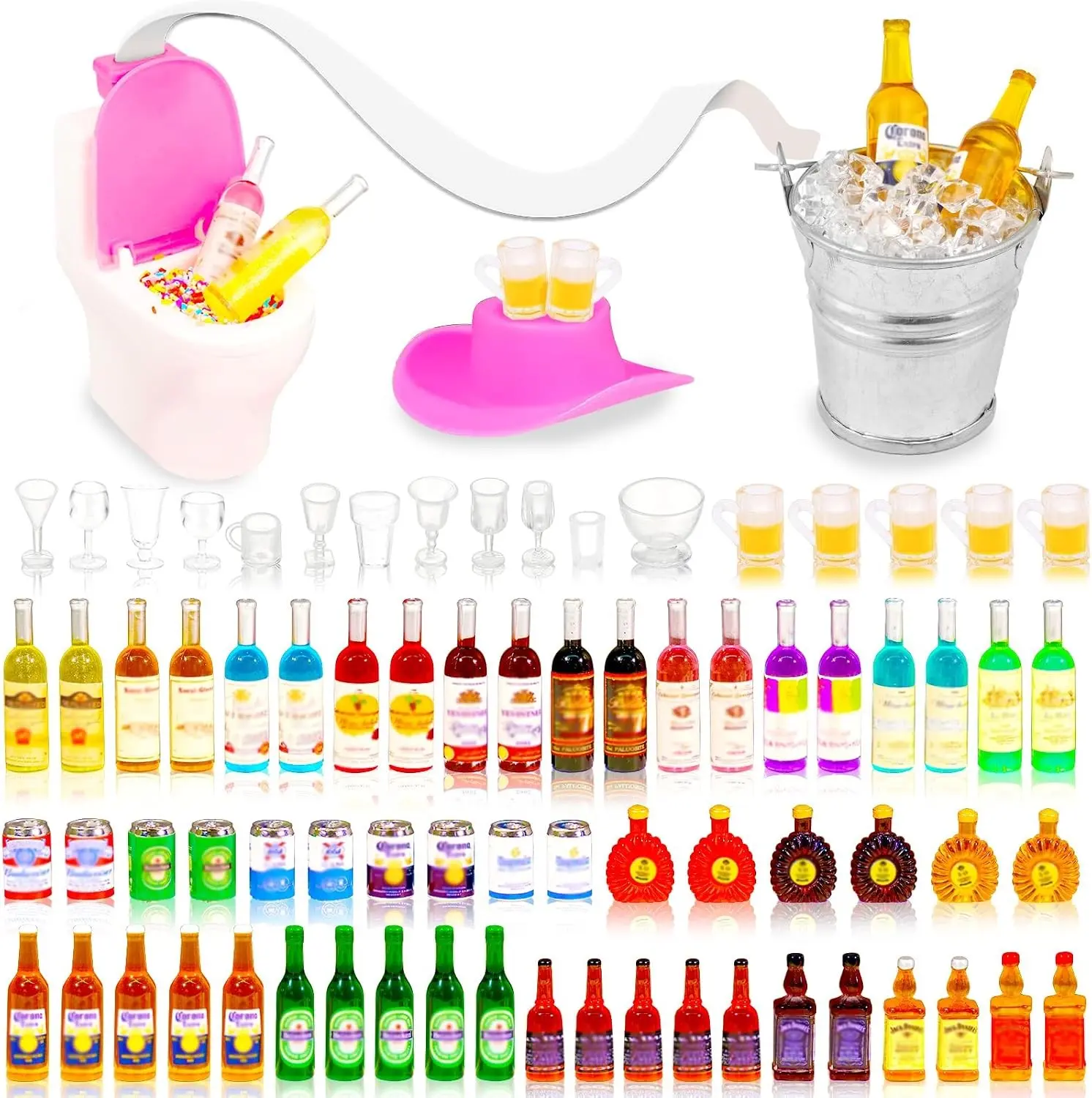 81 Pcs Mini Alcohol Bottles, Miniature Beer Bottles Cake Toppers | Mini House Drink Accessories Wine Bottles,Ice Cubes,Wine Glasses,Toilet,Cake Decoration for Mini Pub Bar Scene 21st Birthday