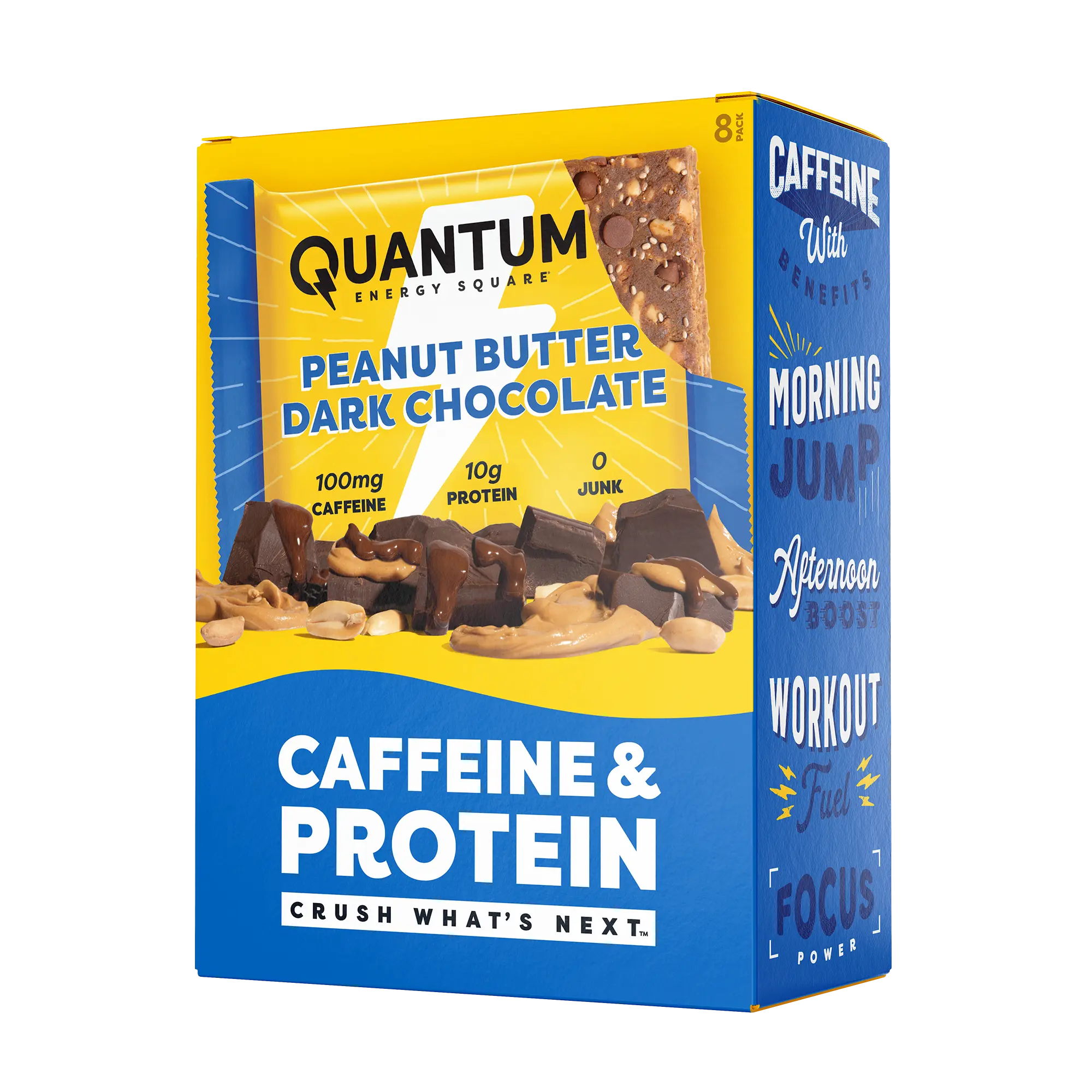 Quantum Energy Square Healthy Protein Energy Bars Peanut Butter Dark Chocolate 8Pk Snack - Organic Caffeine with Balanced Macronutrients, 10g Plant-Based Protein, Vegan, Gluten-Free, Non-GMO