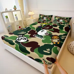 BAPE Mascot Print Fitted Sheet Set,1 Fitted Sheet 2 Coreless Pillowcase,Featuring Adorable Cartoon Characters Bring Lively and Fun Touch the Camouflage Style.Camouflage Military-Inspired Bedding Set Perfect for Adult and Teen Room Decor Bed Sheets