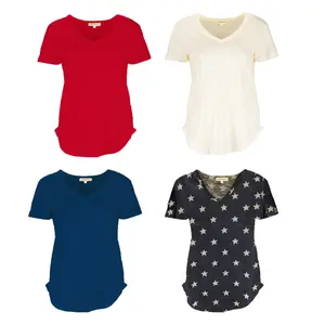 Urban Diction Slub Knit SEMI-SHEER Breathable Fabric Casual V-Neck Plain Curved Hem Tee Packs- Set of Four, Multiple Color Combination Comfort Womenswear Breathable