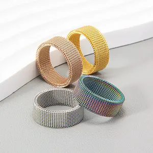 Unisex Titanium Steel Woven Mesh Adjustable Ring for Couples - 8mm Width - Available in US Sizes 6-12 - Ideal for Weddings, Anniversaries, and Gift-Giving - Perfect for Valentine's Day, Christmas, and Birthdays K17