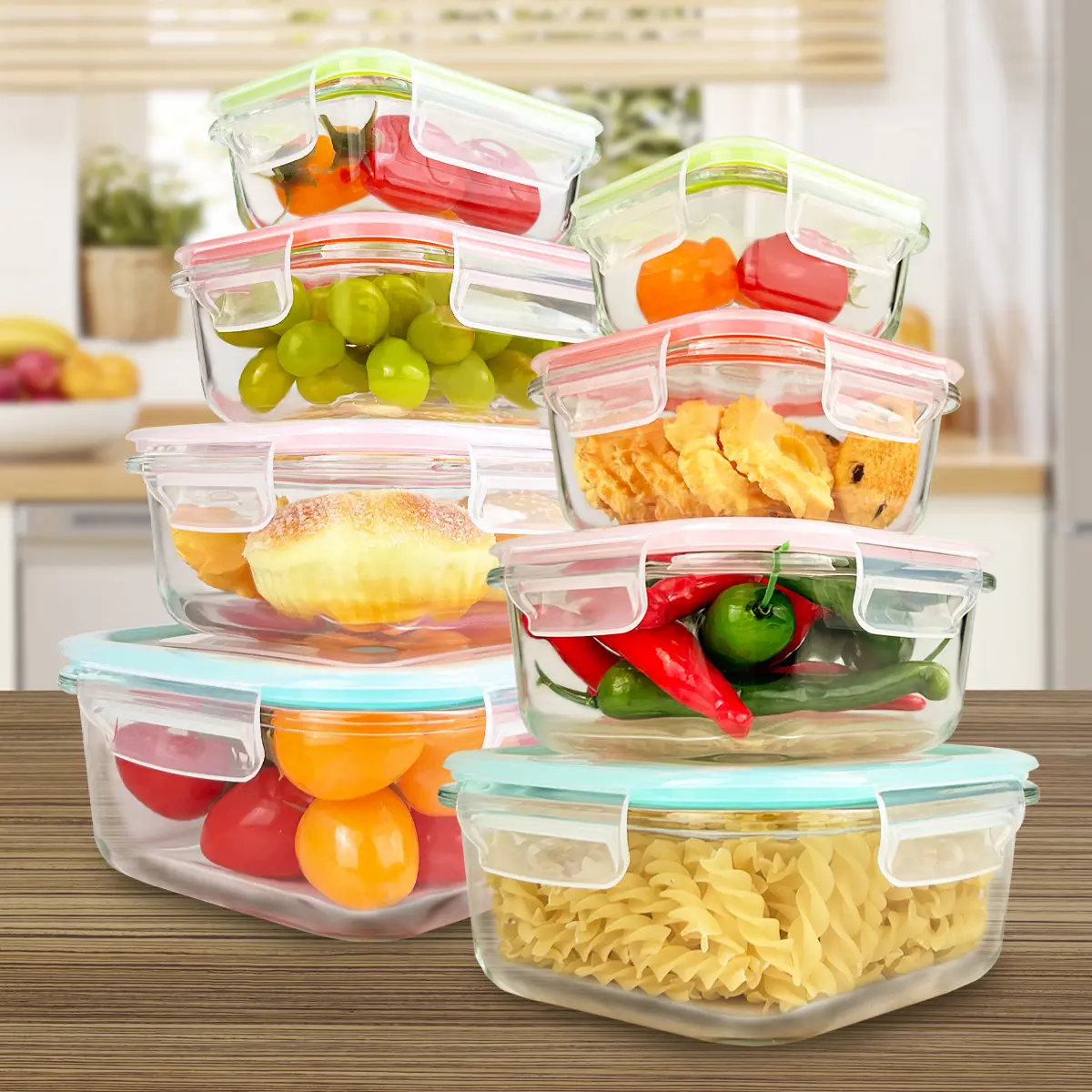 8 Pack Premium Glass Food Storage Containers Stackable Airtight Square with Lids Oven Microwave Freezer Safe Green Rectangle Fresh Keeping Kitchen Organizers，Camping Essentials，Camping Gear