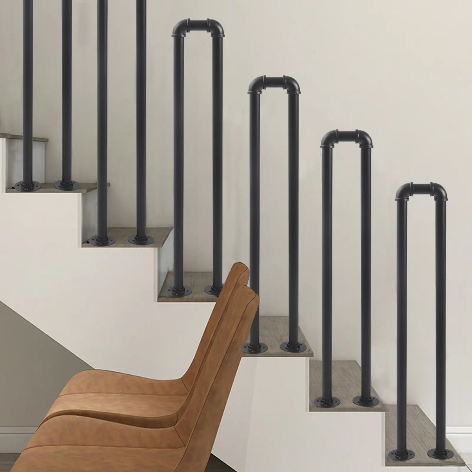 summerwins Matte Black Smooth Finish U-Shaped Wall-Mounted Handrail with Flanges, Heavy-Duty Corrosion Resistant Galvanized Steel Grab Bar (20*85cm/7.87*33.46in, 110 lbs Load Capacity), Exquisite Craftsmanship for Elderly Assistance, Indoor Stairs Decor