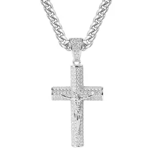 Large Diamond-Encrusted Cross Gold-Plated Zircon Necklace