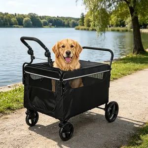 2-in-1 Dog Wagon Stroller with Ramp | Collapsible All-Terrain Pet Cart for Medium & Large Dogs | Push-Pull Design, One-Step Brake & 360° Swivel Wheels with Breathable Mesh Windows