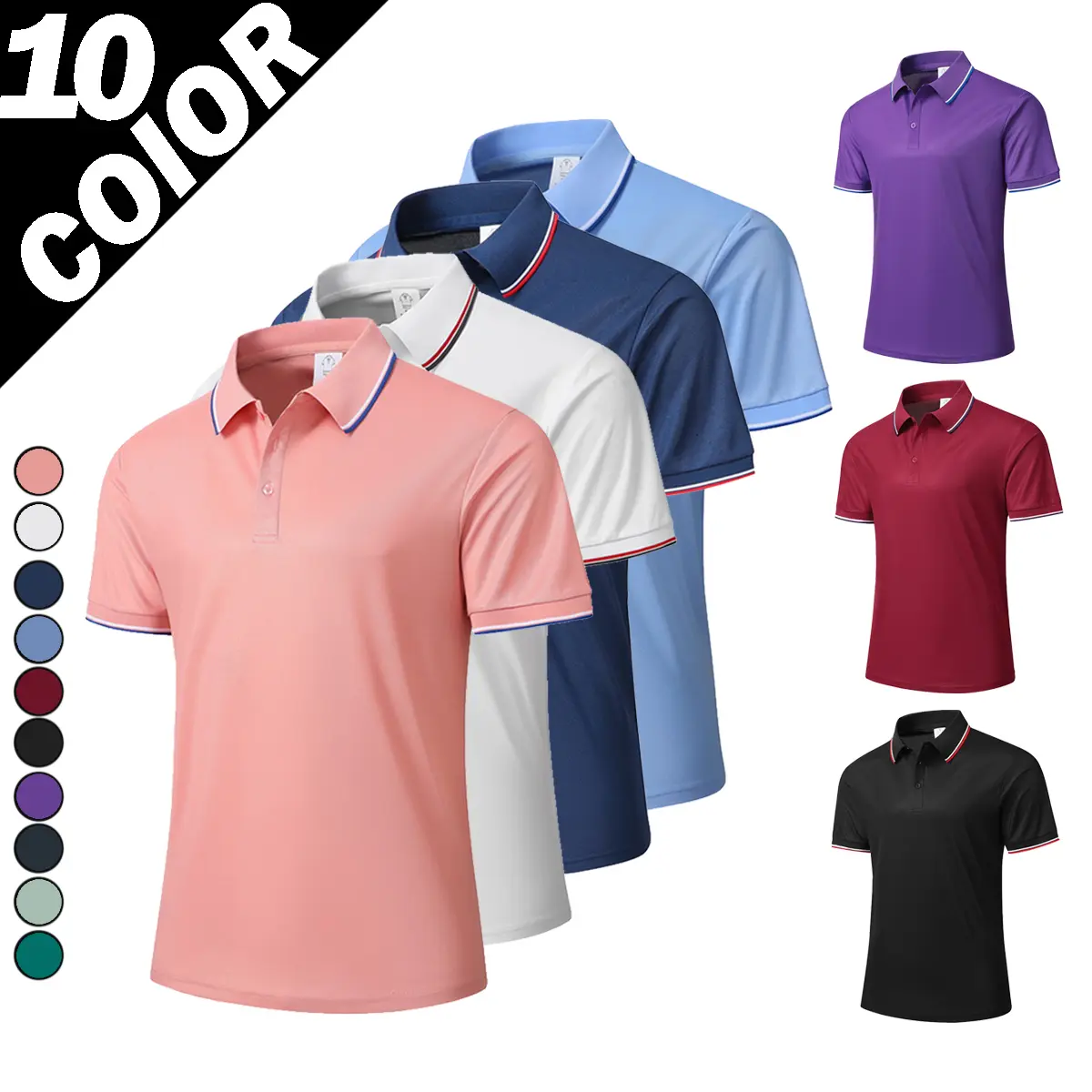 10-color women’s short-sleeve polo: color-blocked collar, comfy fabric, 7 hues for versatile daily/casual looks.