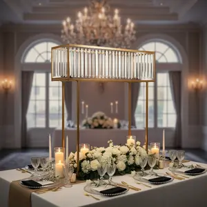 Gold Crystal Pendant Flower Stand, Metal Centerpiece Vase – 48" Tall Rectangular Display Rack