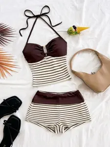2-Piece Vacation Set, Striped Knit Crop Top with Metal Buckle, Boho Style, Perfect for Parties, Dates, Night Out, Fall Fashion, Bohemian