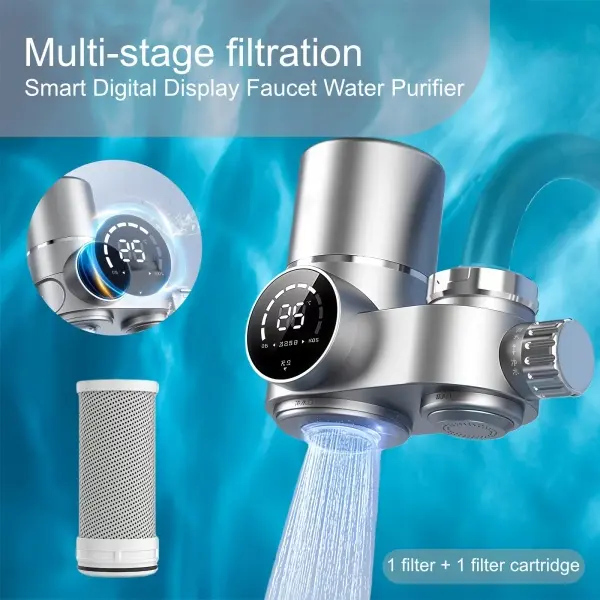 Household Faucet Water Purifier 8-Stage Faucet Water Filter System, Smart LED Display with Real-Time TDS & Temp Monitor, 99.9% Purification, Easy Installation, 2 Replaceable Sediment Carbon Replacement Filters Set Included