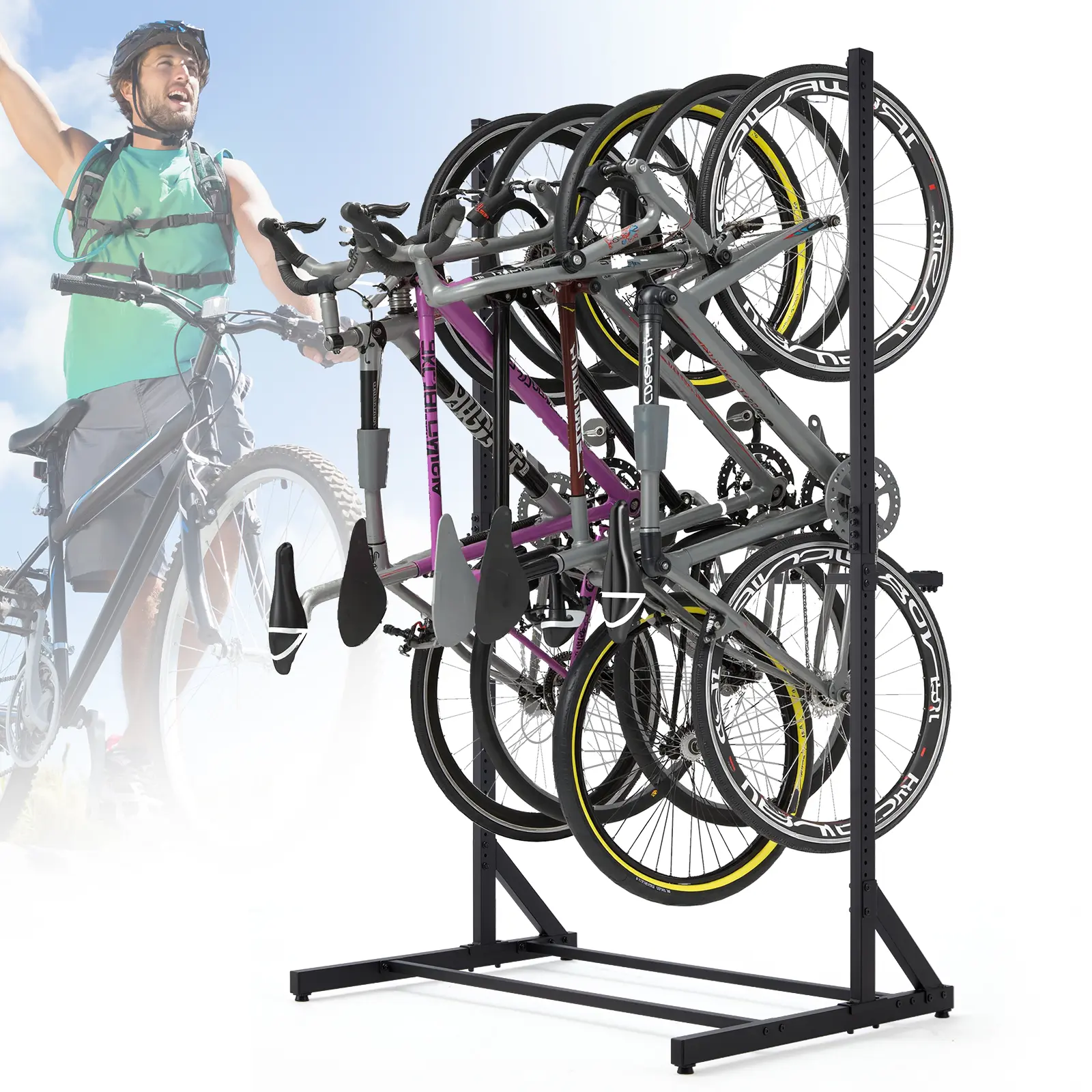 Bezliving Freestanding Bike Storage Rack, 5 Bikes Capacity 300 lbs, Vertical Bike Rack for Garage, Adjustable Hooks, Indoor Bicycle Storage Stand for Home, Black