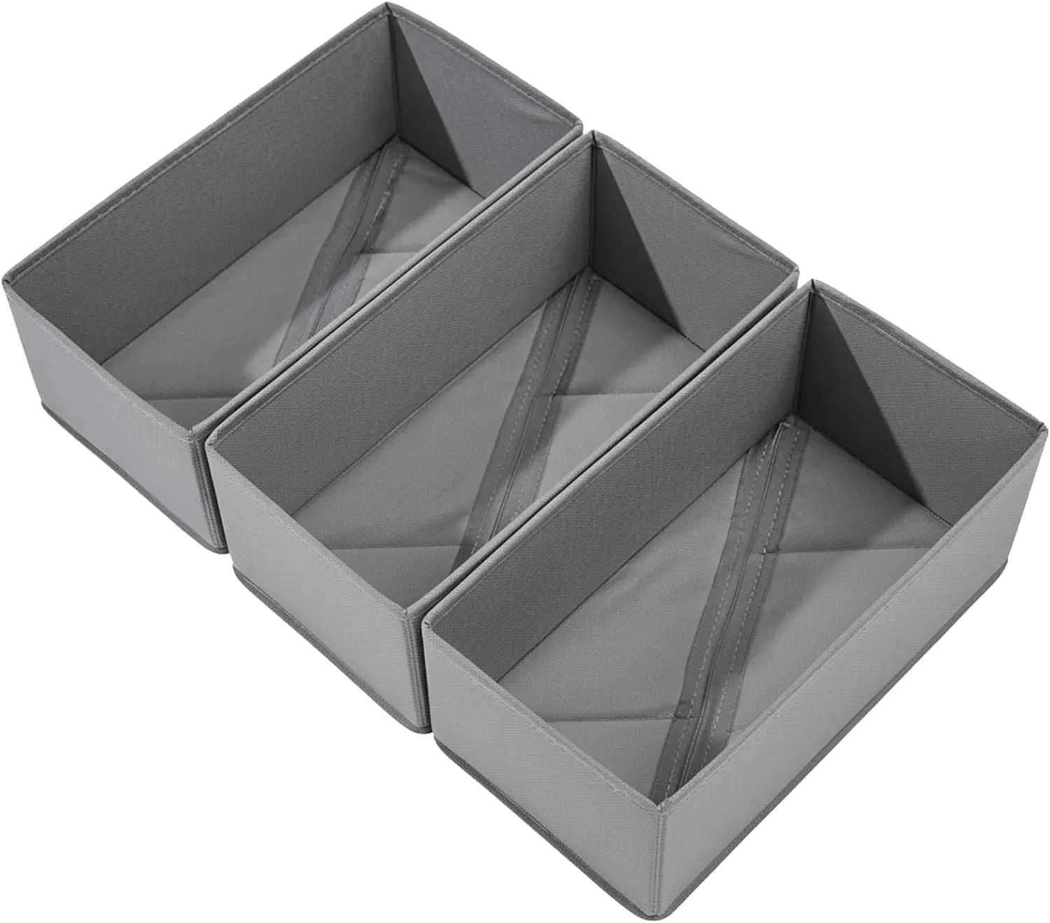 3-Pack Gray Fabric Drawer Organizer Clothes - Collapsible 3-Compartment Rectangle Storage Boxes, Foldable Bins for Underwear, Socks, Bedroom Home Organization Supplies