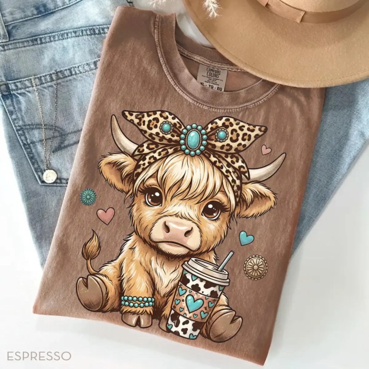 Comfort Colors Highland Cow Shirt, Leopard Bow Coffee Graphic Tee, Cute Farm Animal Country T-Shirt