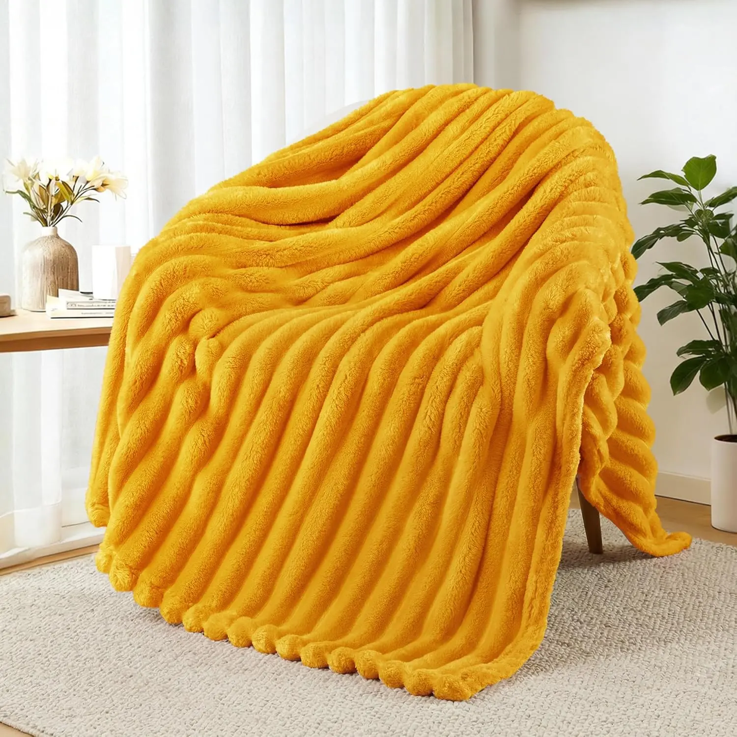 Fleece Throw Blanket - 50x60 Inches Mustard Yellow Soft Striped Blanket, Lightweight Fuzzy Cozy for Couch, Bed, Any Season