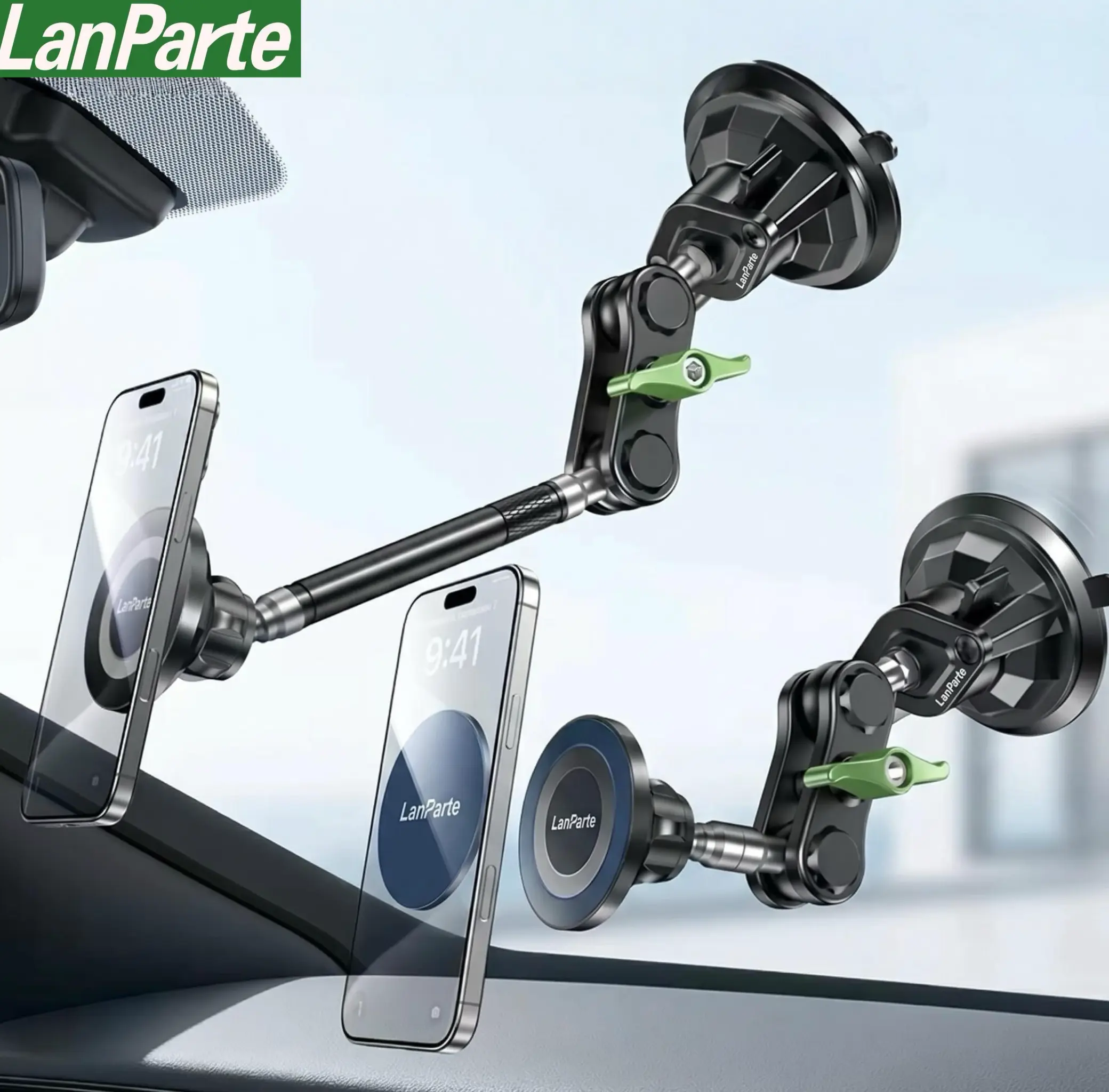 LanParte Metal Aluminum Alloy Car-Mounted Magnetic Suction Vacuum Phone Holder - 360-Degree Adjustable, Anti-Shake Lock, Easy Installation, Universal Fit for iPad Air, iPad Mini, Live Streaming Equipment