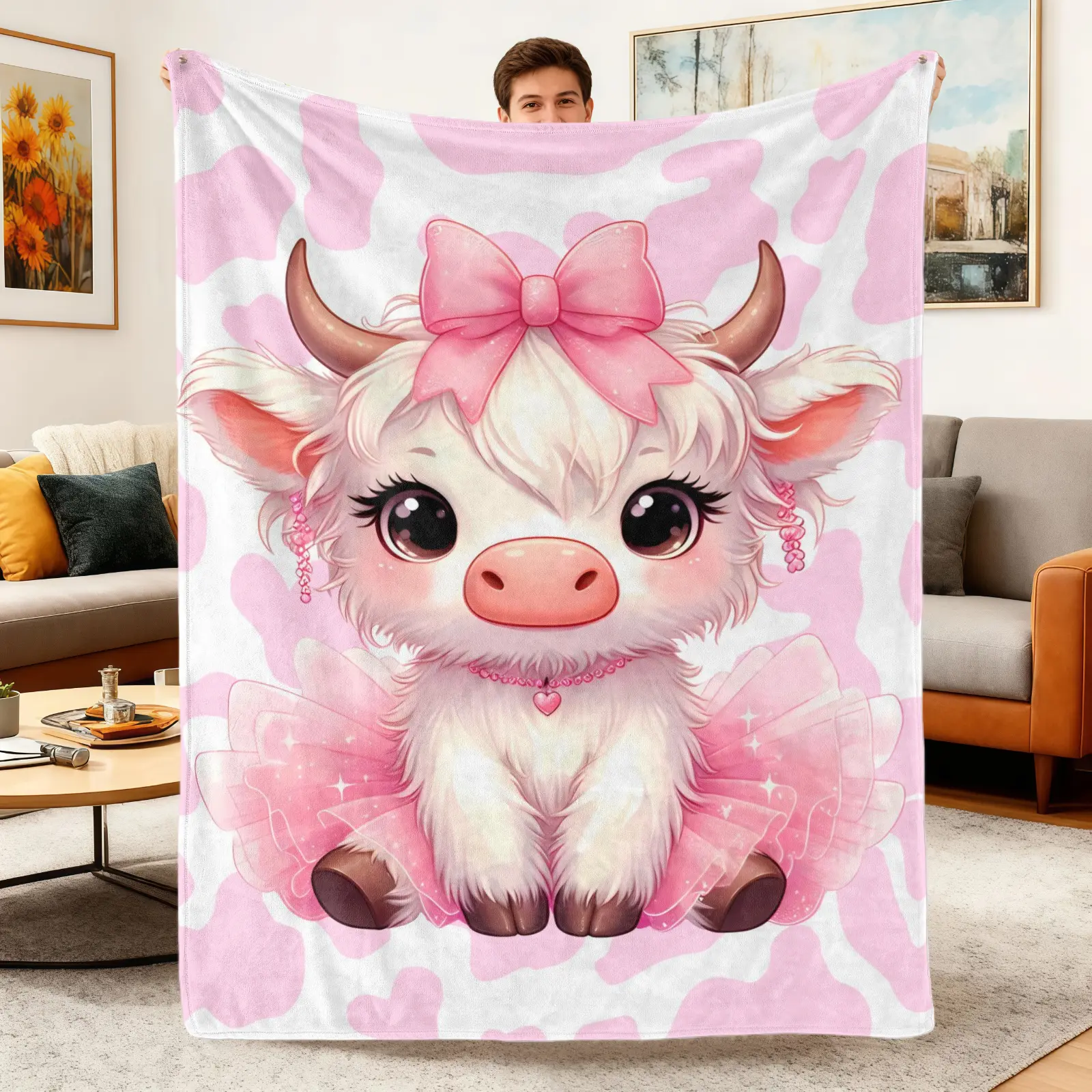 Soft Comfortable Funny Pink Highland Cow Flannel Throw Blanket,Cute Cartoon Baby Cow Coquette Bow Print Cozy Blanket for Bed Couch Sofa,Cow Lover Gift for Girls Women