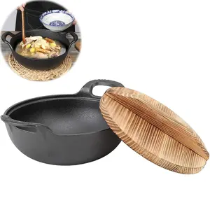 1 piece cast iron stew soup pot, Dutch Oven Pot, uncoated non-stick mini wok with wooden lid, cast iron thickened pot with handle, household induction cooker/halogen stove/electric heating stove/electric ceramic stove/gas stove all suitable