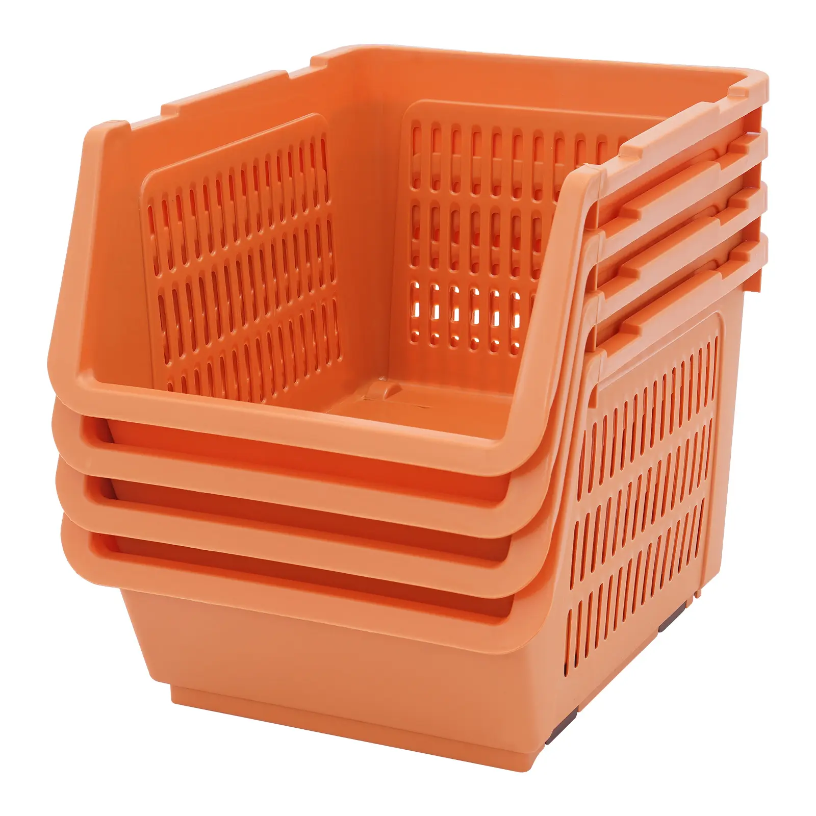 Stackable storage baskets 4 pack modern orange pp injection molding rectangular freestanding with wheels telescopic locking clips for combination nesting u shaped front opening with ventilation holes