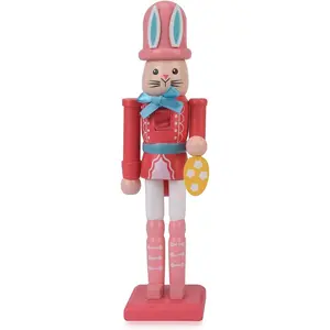 7 Inch Easter Bunny Nutcracker Decoration, Wooden Rabbit Soldier Figure for Spring Holiday Tabletop Display (Pink)
