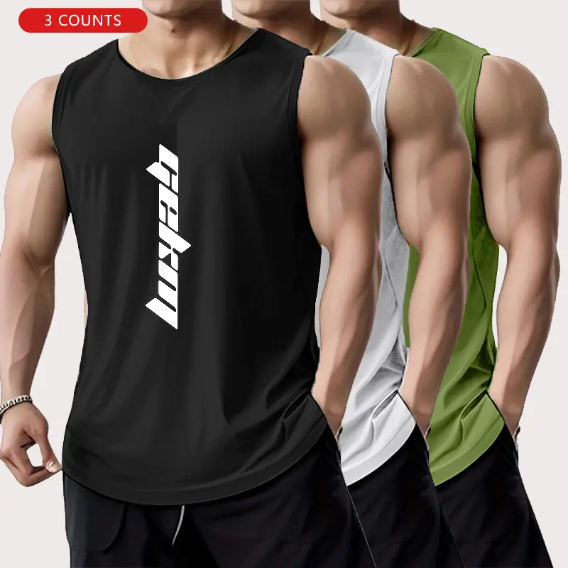 3-Pack Men's Gym Athletic Casual Tank Tops, Summer Lightweight Sleeveless Training Tees for Outdoor Running, Letter Print Mesh Breathable Polyester, American Basketball Jerseys, Casual Beach Tank Tops fathersdaygift
