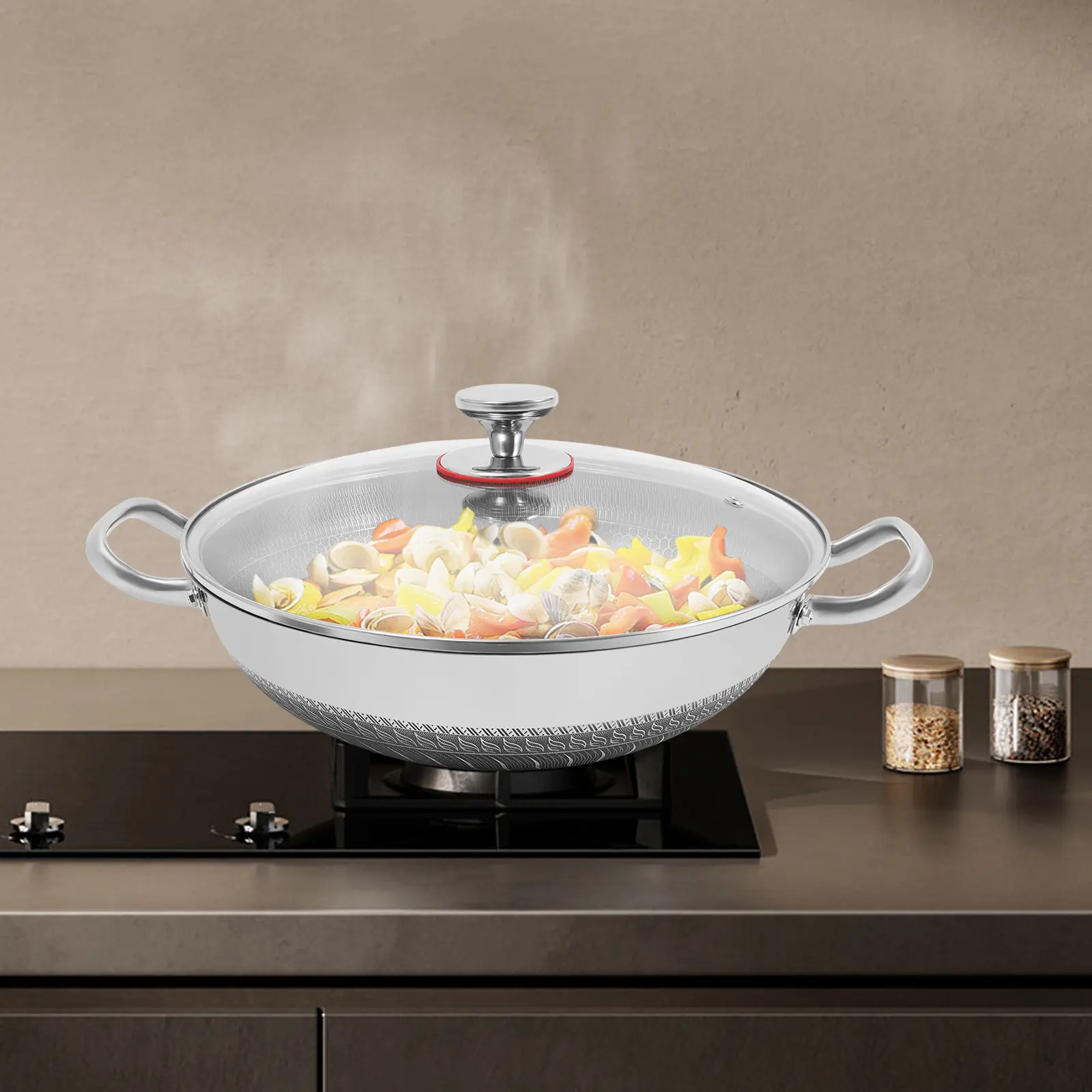 Stainless Steel Frying Pot 33.5cm, 410 Steel Pan with Tempered Glass Lid for Gas Induction Cooktop, Silver Die-casting Cookware