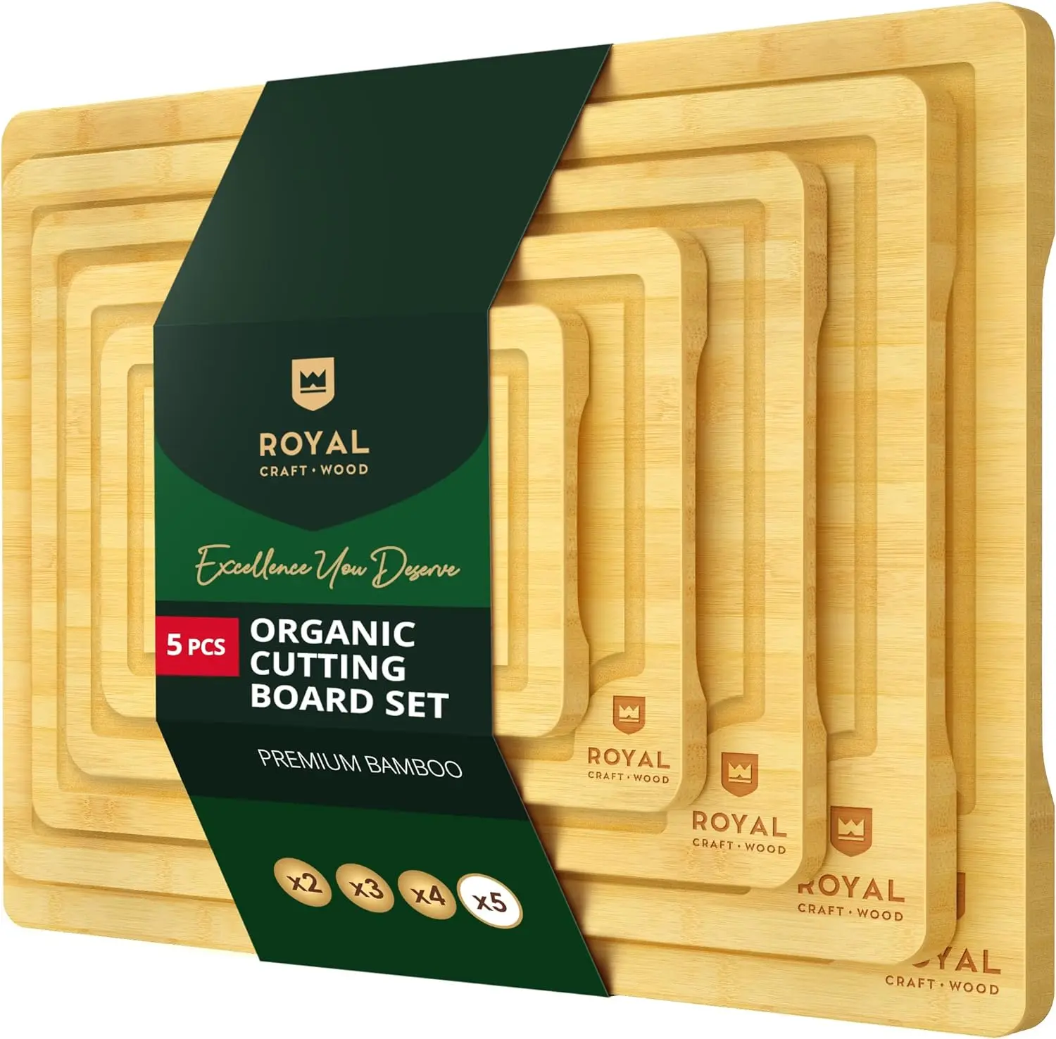 Royal Craft Wood Bamboo Cutting Board Set of 5, Wooden Cutting & Serving Boards with Juice Groove for Kitchen, Meat and Cheese