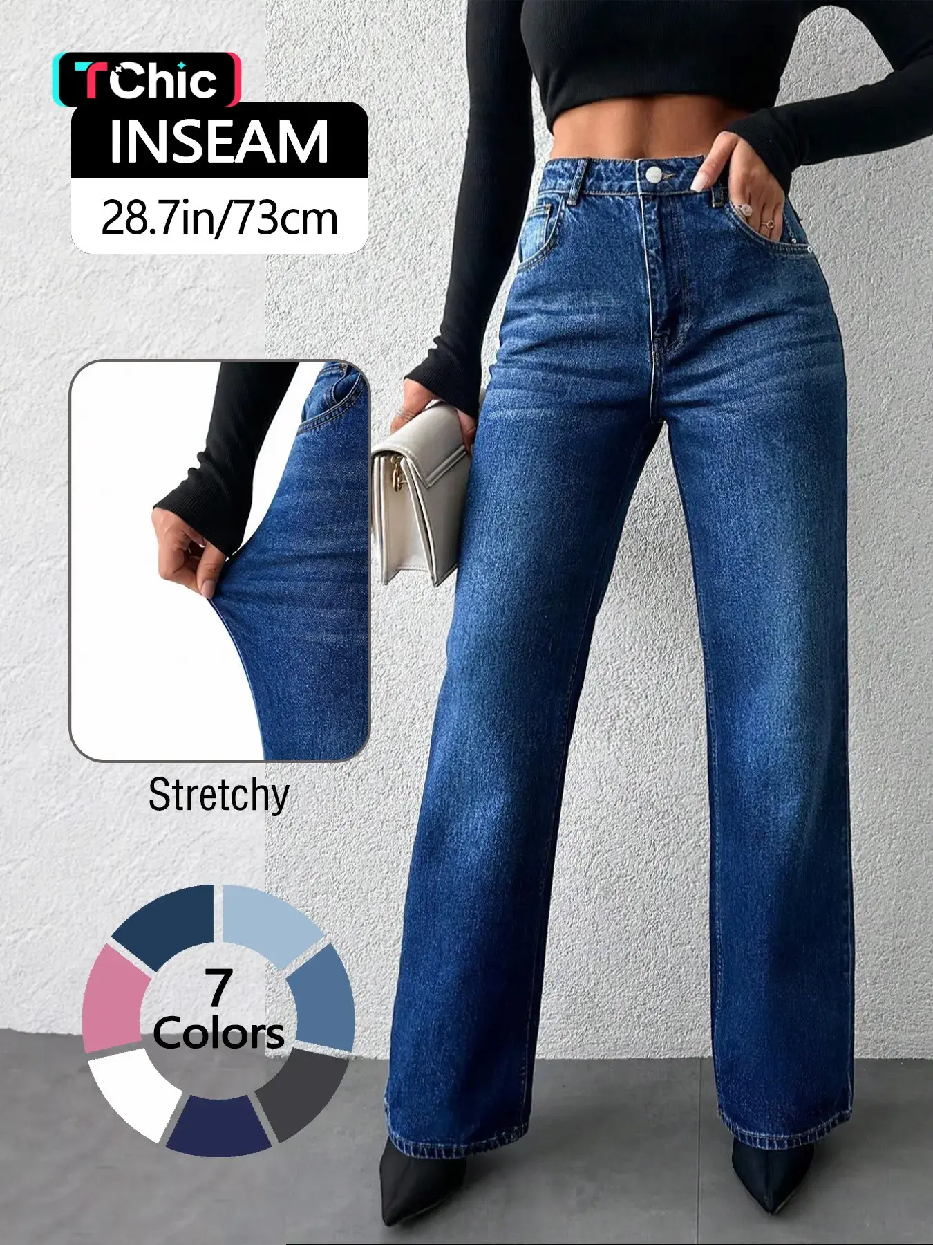 Women's High Elasticity Denim Woven Jeans, Flex Stretch Jeans, Basic Casual Loose Fit Wide Leg Pants, All Seasons Fashion, Plain Pattern, Comfortable and Stylish