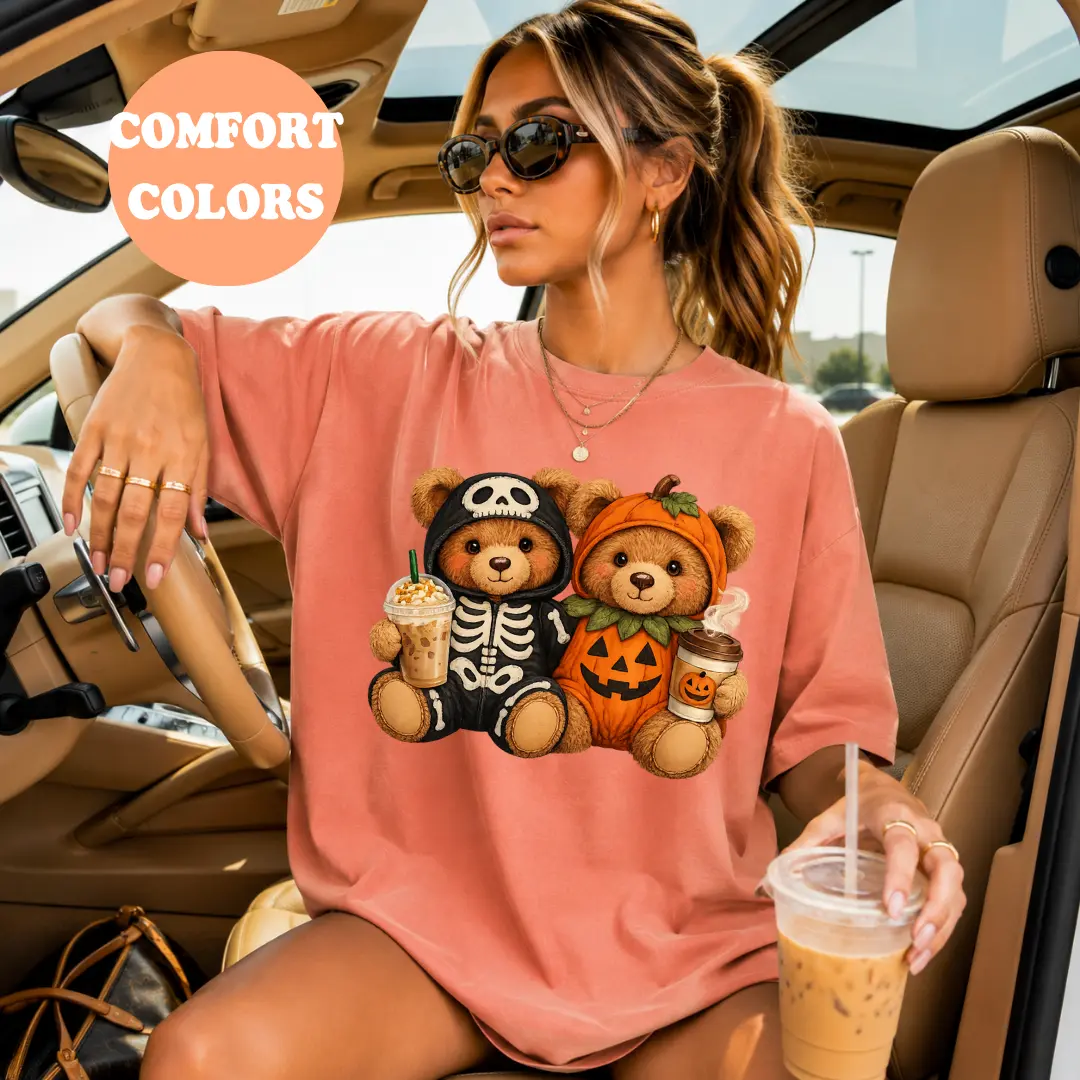 Comfort Colors Halloween Teddy Bear Shirt | Cute Spooky Bear Tee | Pumpkin Bear Graphic Shirt | Skeleton Bear Coffee Tee | Comfort Colors Fall Shirt