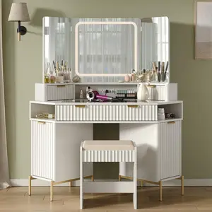 CollaredEagle 48” Fluted Makeup Vanity Desk with 3-Way Mirror & LED Lights - Large Corner Table with Glass Top, USB Charging Station, 3 Drawers, Storage Cabinets & Shelves Vanitydesk